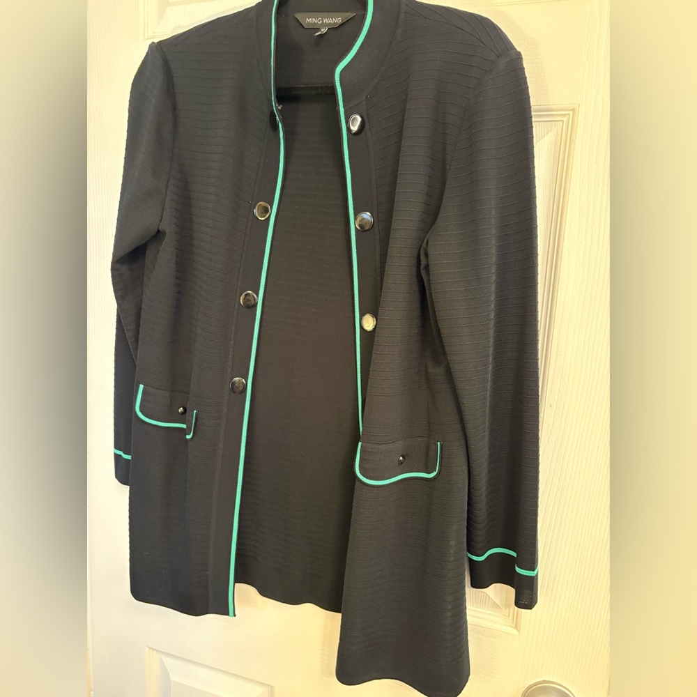 Ming Wang Black Travel Knit Jacket Teal Trim Long Cardigan quiet luxury M NWOT - Picture 5 of 9